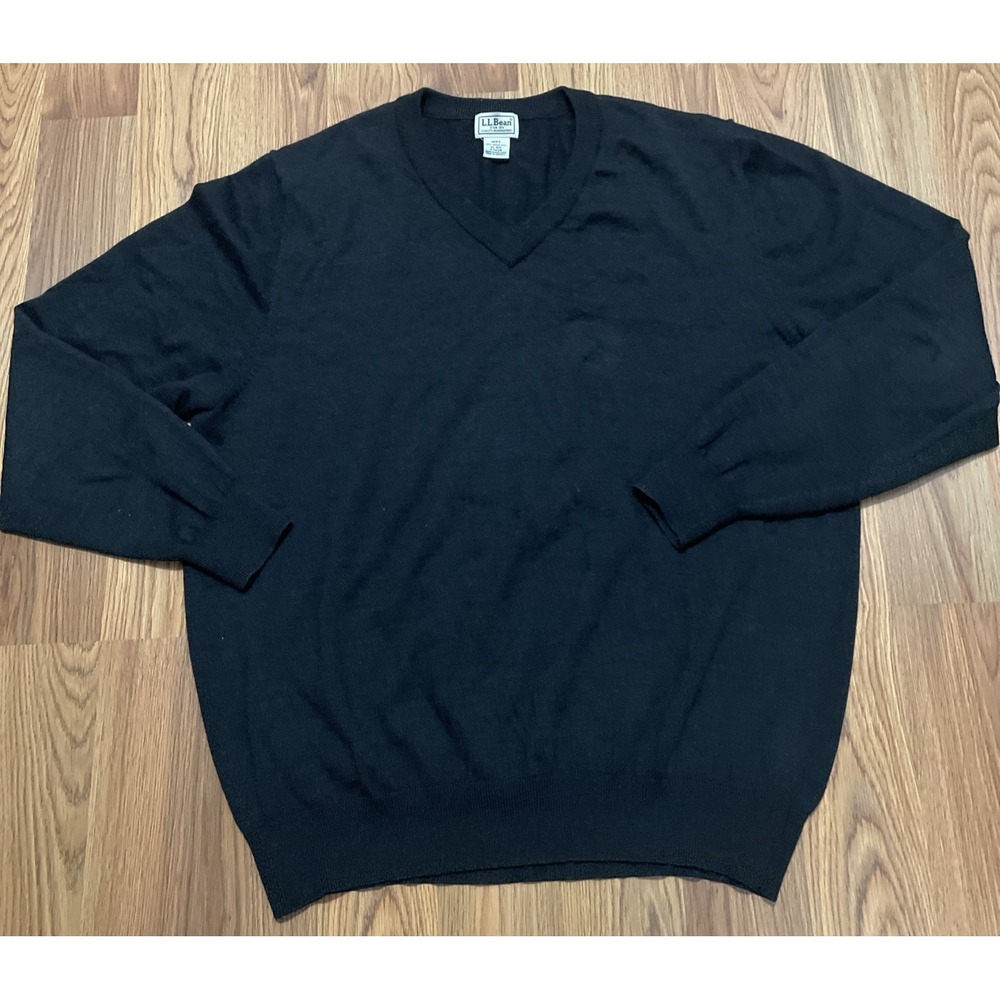 L.L. Bean Sweater Mens Extra Large Merino Wool V Neck Pullover Black